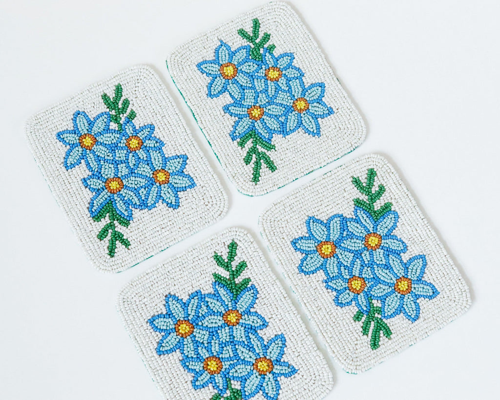 Hand-Beaded Blue Flower Tile Coaster Set