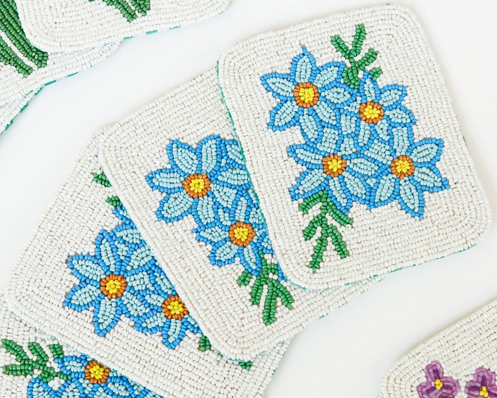 Hand-Beaded Blue Flower Tile Coaster Set