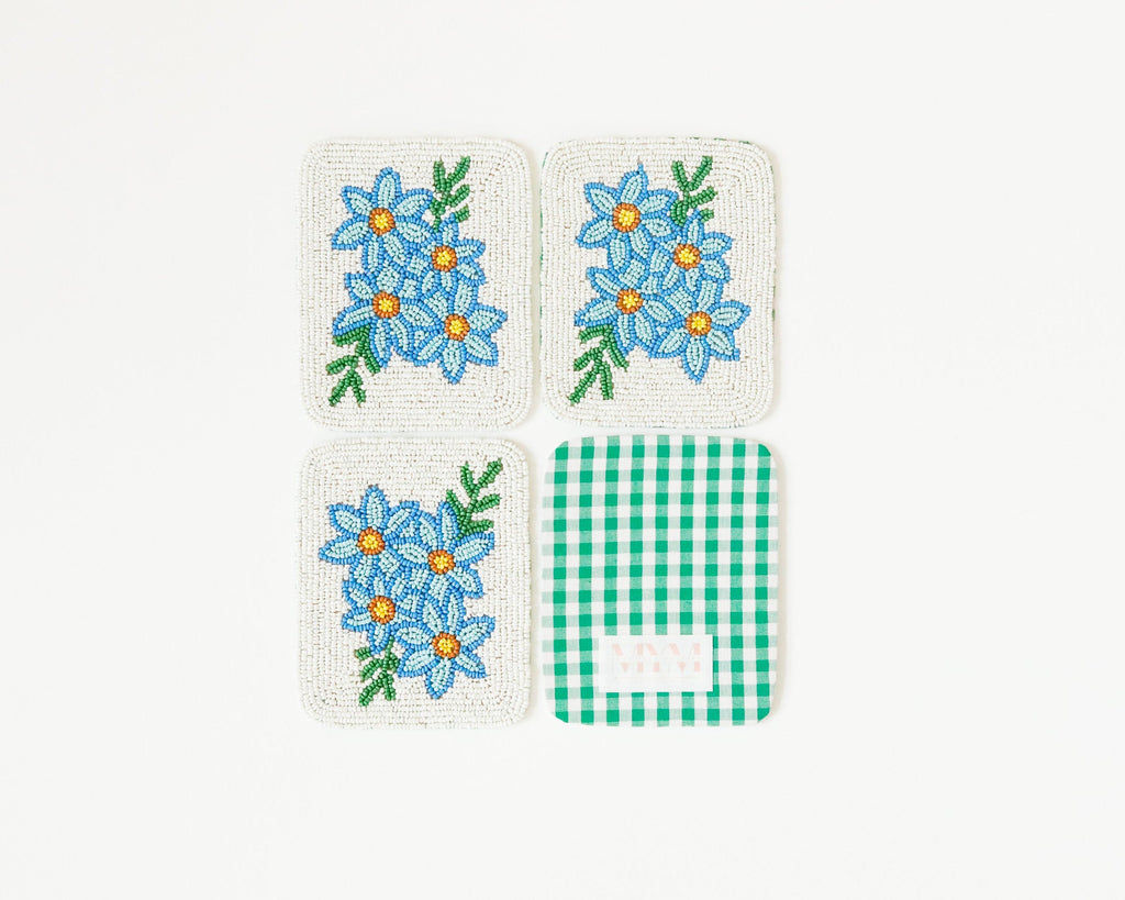 Hand-Beaded Blue Flower Tile Coaster Set