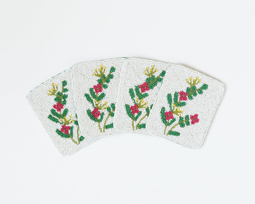 Hand-Beaded Pink Flower Tile Coaster Set