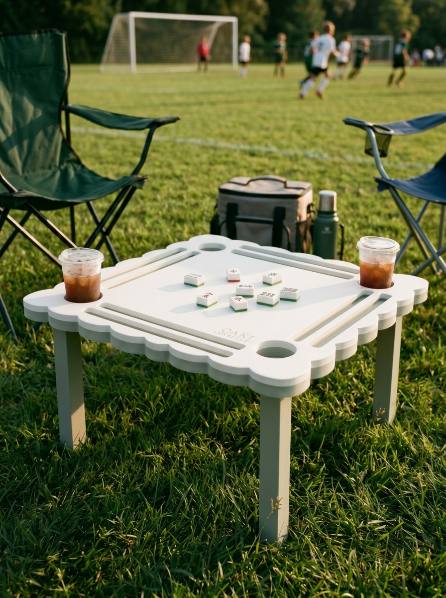 Portable mahjong table set up on the sideline at a soccer field with iced drinks