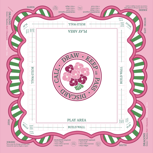 The Parlor Mat reverse side showing the beginner mahjong play guide with marked play areas, wall-build callouts, Charleston rules and tile-suit keys