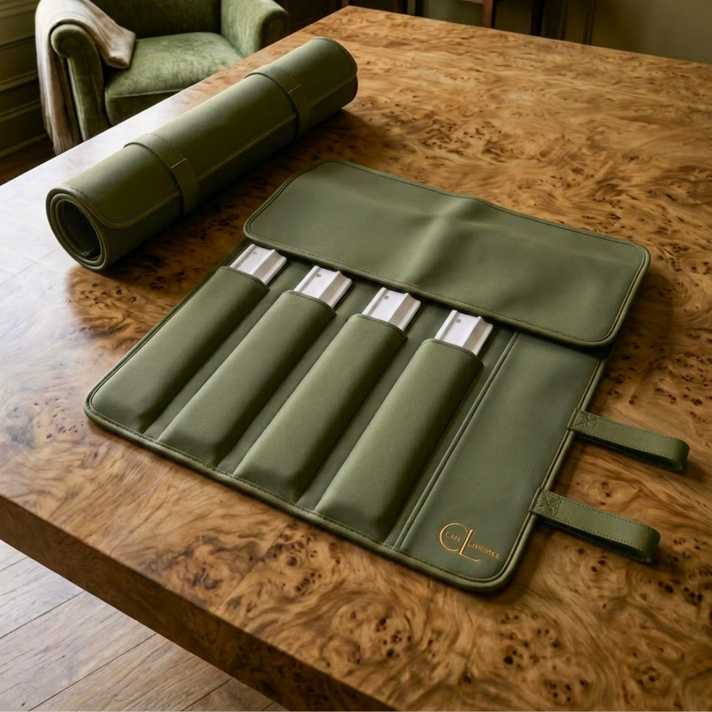 The Parlor Roll — neoprene mahjong rack and pusher roll with hidden magnet closure by Caki Lawrence