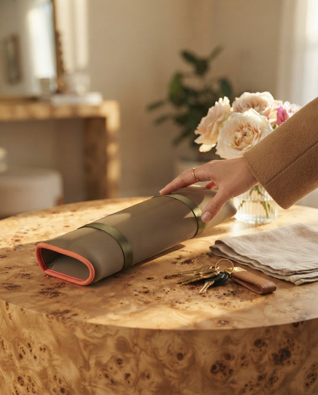 The Parlor Roll neoprene mahjong rack roll styled in a lifestyle setting by Caki Lawrence