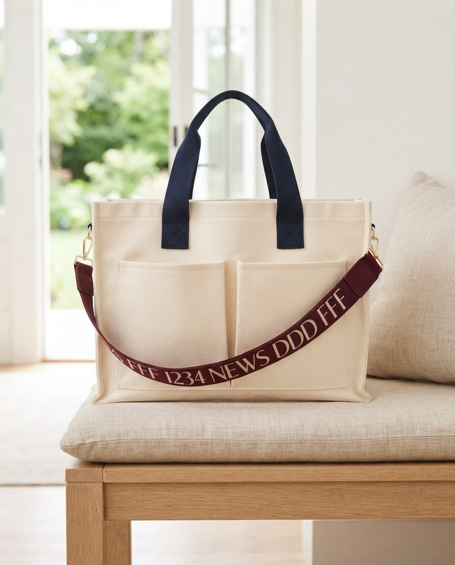 The Parlor Satchel in After Hours — cream canvas mahjong tote with navy handles and burgundy FFF 1234 NEWS DDD strap