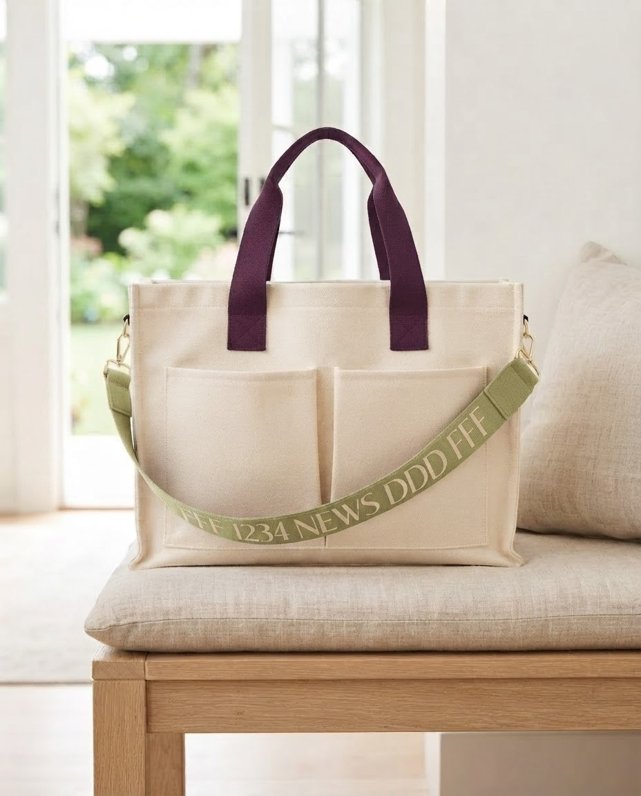 The Parlor Satchel in Electric Parlor — canvas tote with plum handles and sage-green mahjong winning hand strap