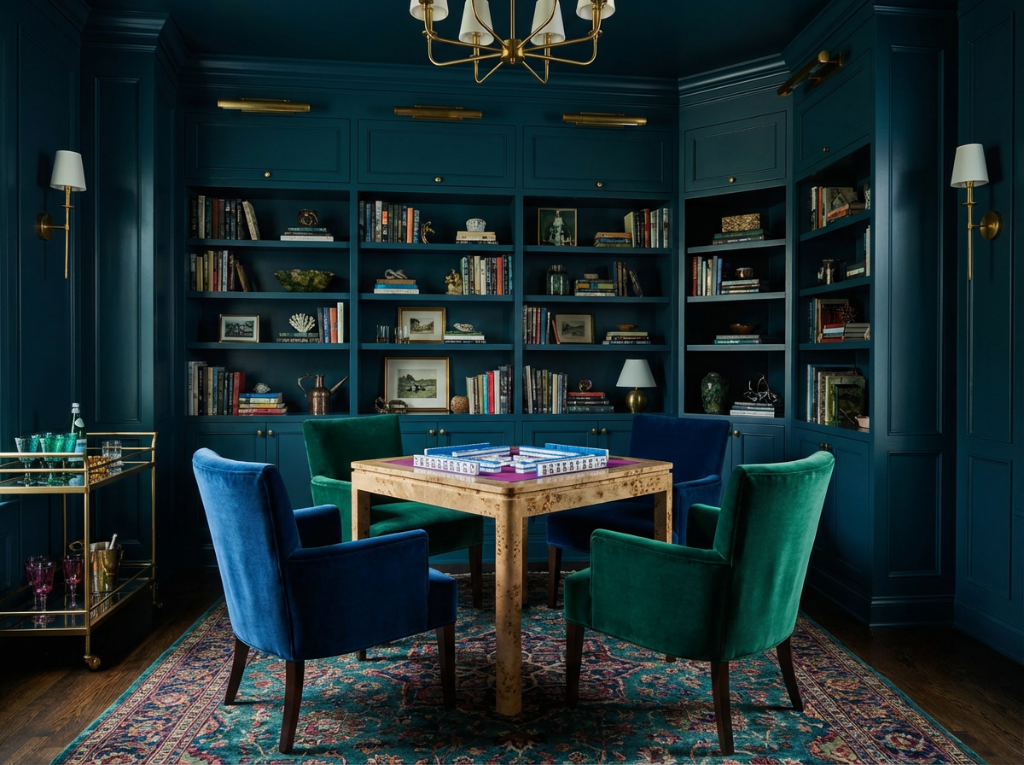 Caki Lawrence Parlor — moody navy game room